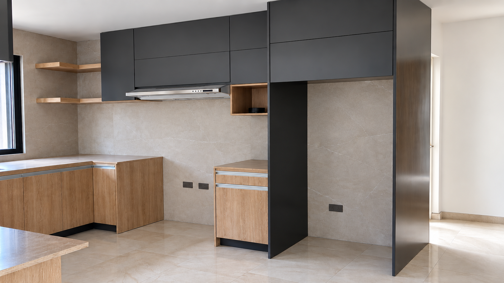 Cocina con repisas flotantes
